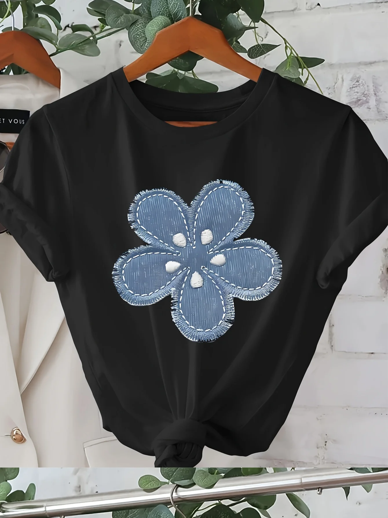 Embroidered Floral Graphic T-Shirt  Short Sleeve Round Neck Top with Blue  White Flower Design  Fashion Lovers Relaxed Chic