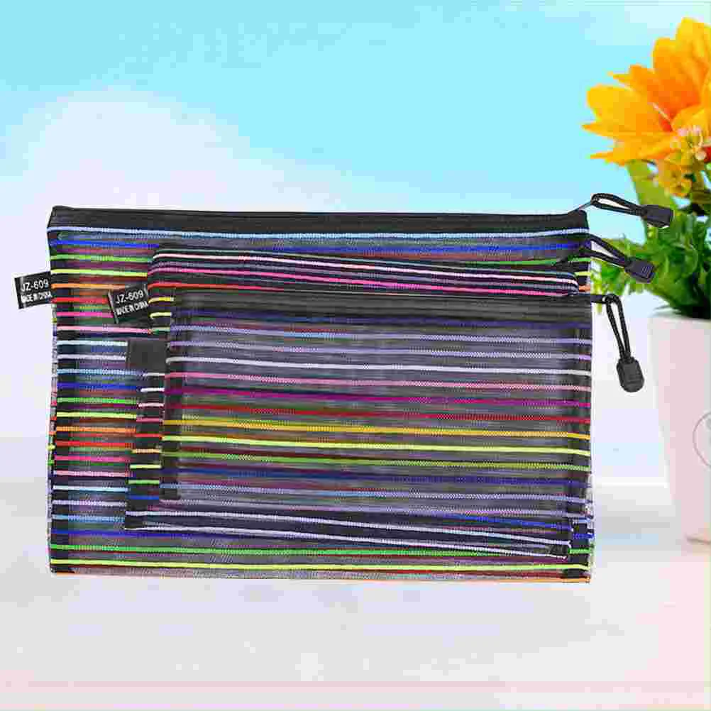 3Pcs Colorful File Pockets Nylon Mesh Zipper File Storage Bags Documents Organizer Pouch