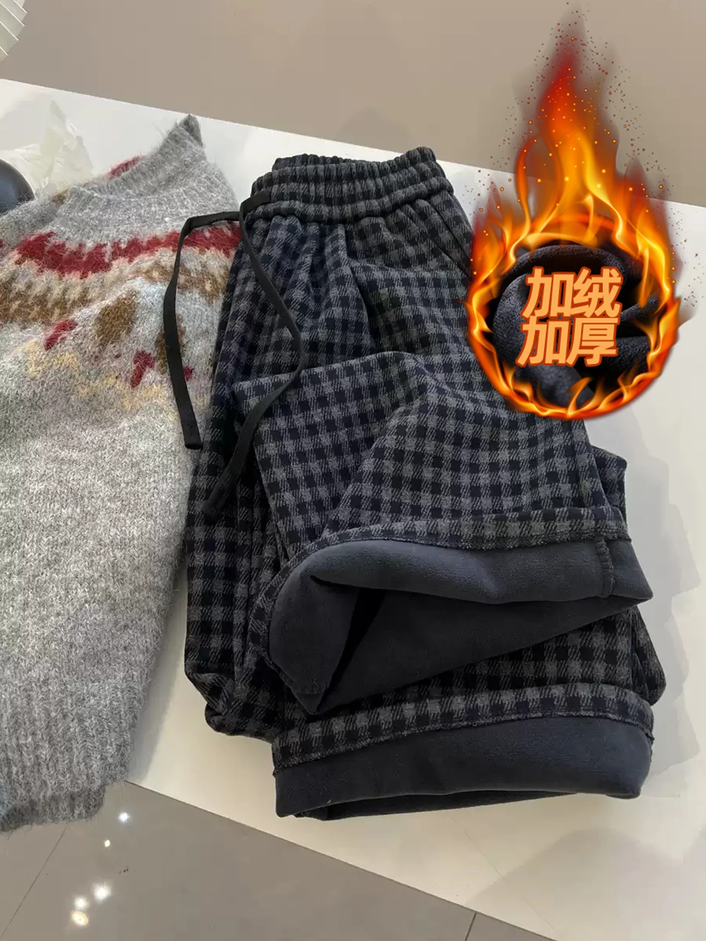 레트로 하이웨이스트 스트레이트 레그 캐주얼 팬츠 여성용 루즈핏 따뜻한 체크 팬츠 안티에이징 트렌디 겨울 패션