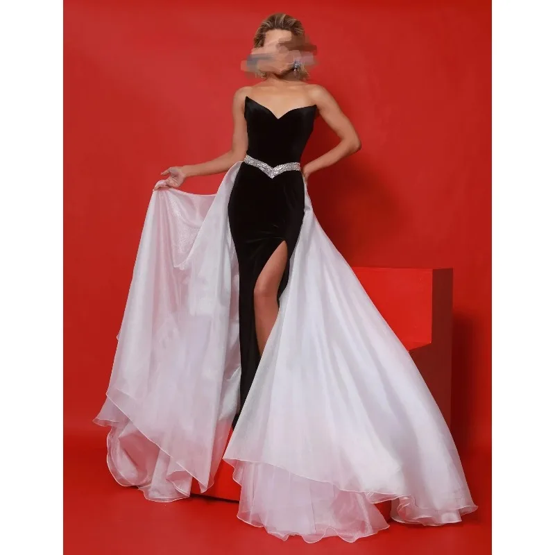 Zwart Roze Zeemeermin Avondjurk Strapless Fluwelen Split Galajurk met Strass Riem Feestjurk Vestdos De Fiesta Aangepast
