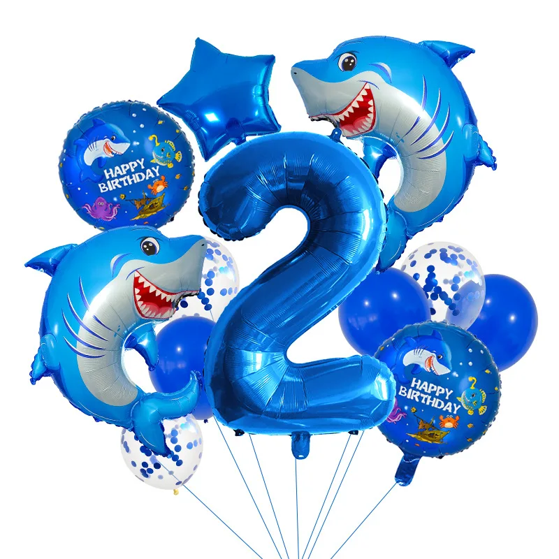 14-teiliges Hai-Themen-Zahlenballon-Set für Jungen-Geburtstagsfeiern, Ozean-Tier-Dekorationsbälle, Familienfoto-Hintergrund-Deko – Detail 3