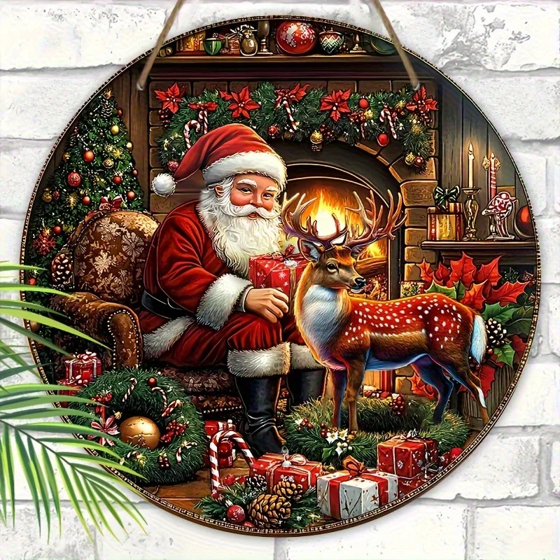 2D Flat - 2D Plane Suitable for Four Seasons, a 2D Plane Classic Santa Claus And Reindeer Wooden Wall Decoration - Round Wall Ha