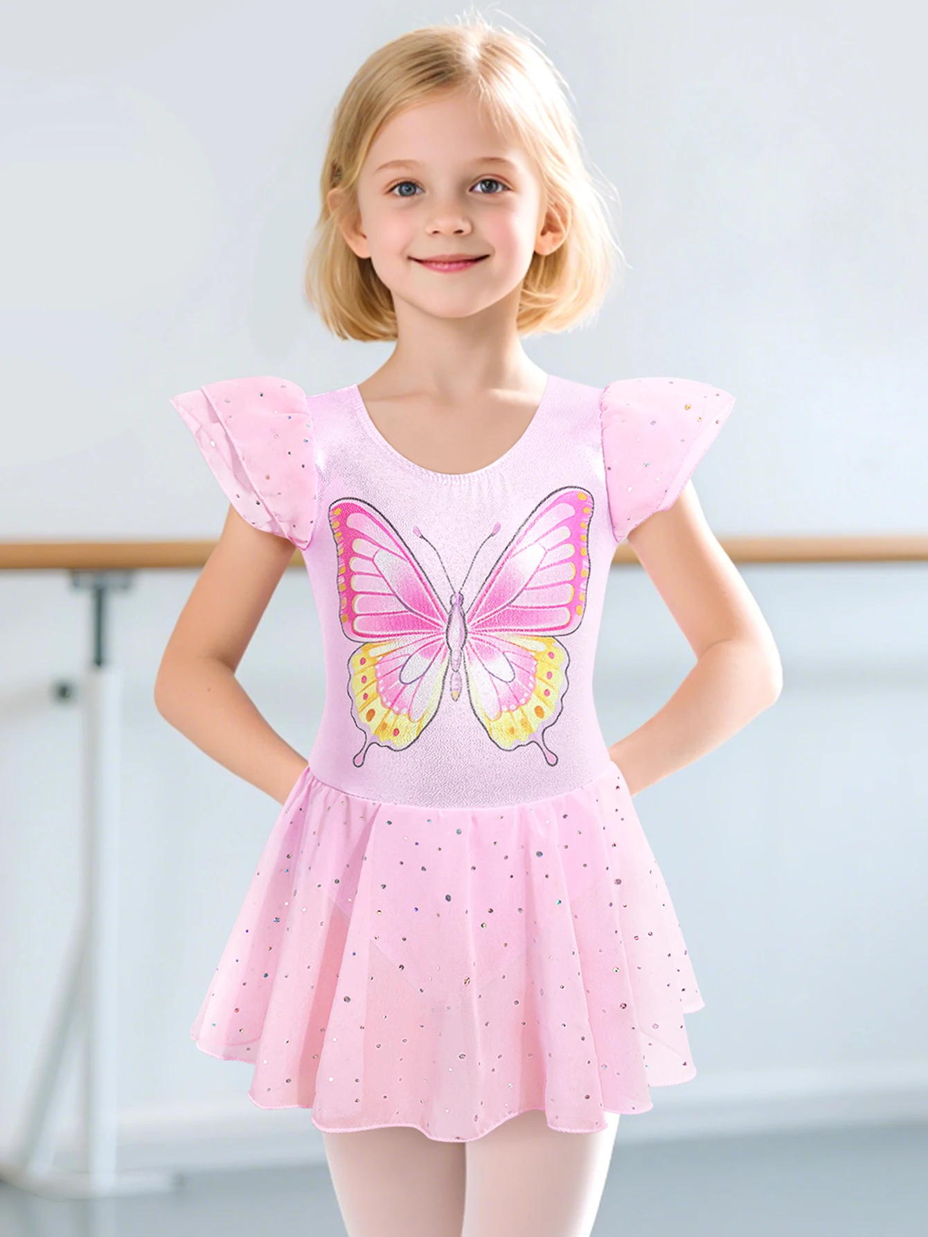 Leotardo de Ballet para niñas, baile, gimnasia, vestidos de baile brillantes para niños, trajes, leotardo con falda tutú, mono de entrenamiento de mariposa
