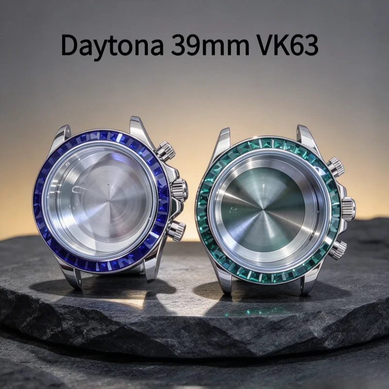 Rainbow Diamond Bezel Watch Case Daytona 39mm VK63 Steel  Movement Case Watch Accessories Watch Parts RLX 20mm Strap Watch Box