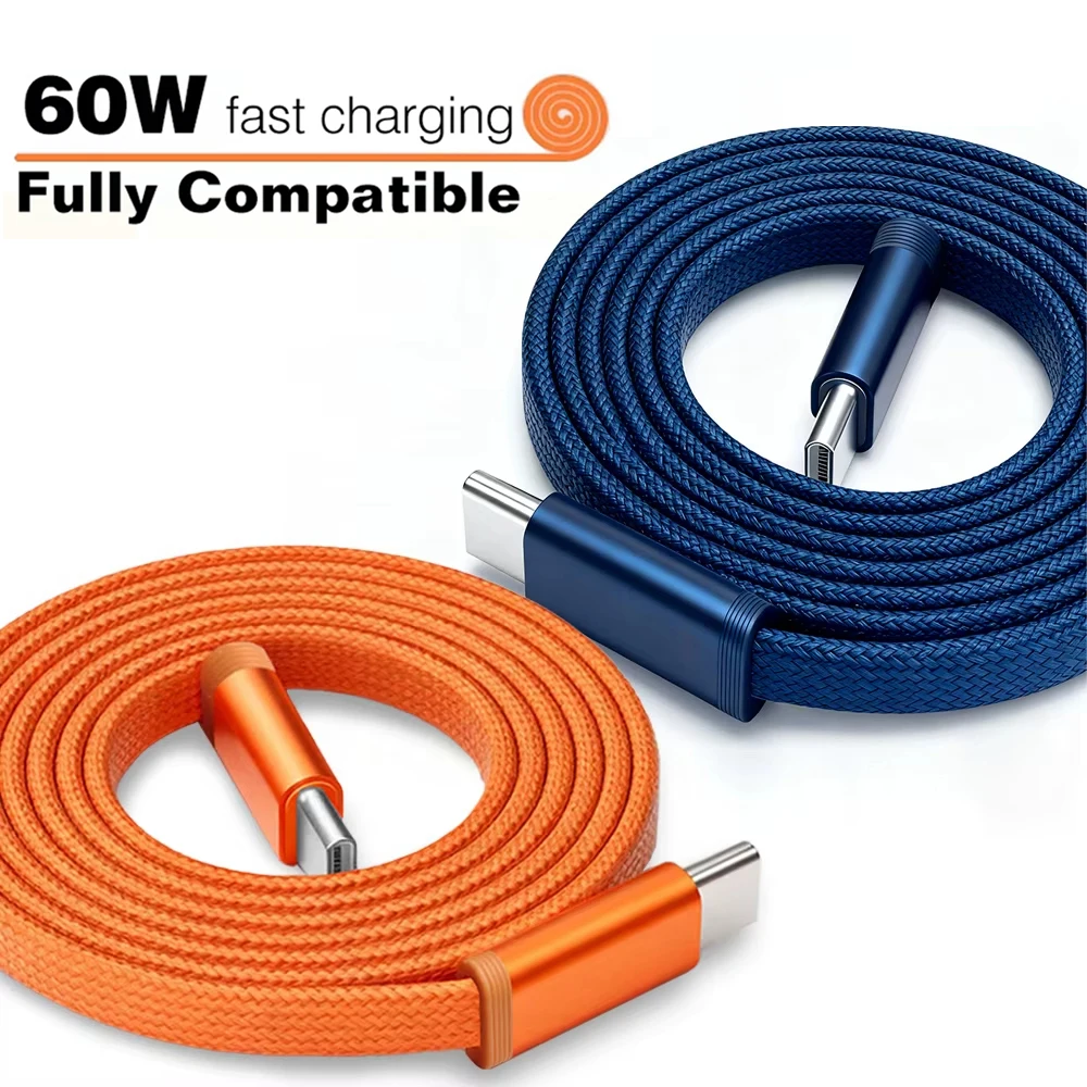 60W Charger Cable USB C to USB C Fast Charging Cable Flat Shoelace Style Orange Woven Deep Blue For iPhone 17 16 for Samsung
