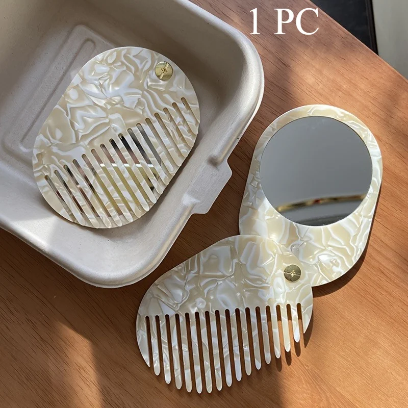 

Travel Makeup Mirror & Detangling Comb in 1, Plastic Bristles for Women Portable Acetate Hair Comb with Mirror - Foldable