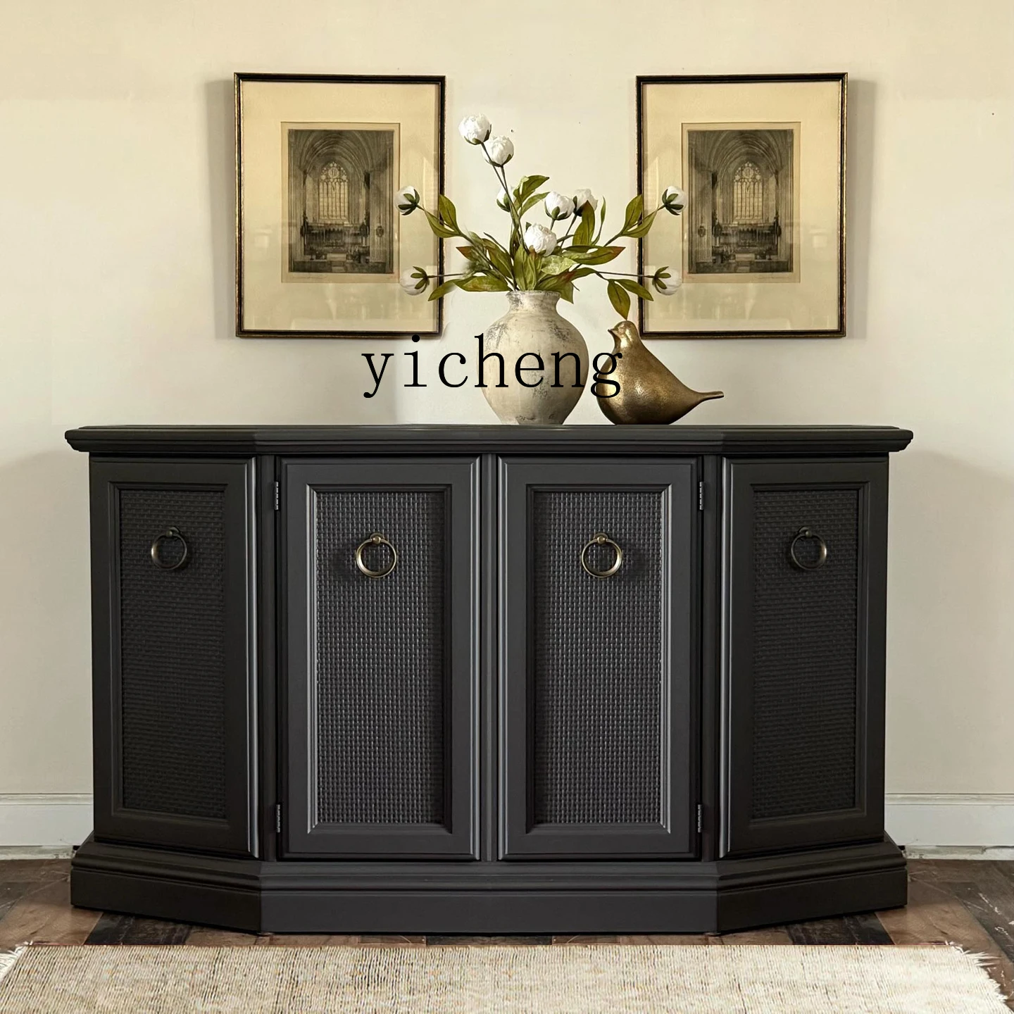 

LX Solid Wood Entrance Cabinet Multifunctional Storage Cabinet Natural Rattan Tea Cabinet