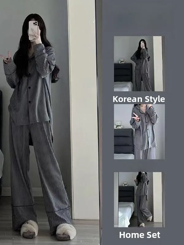 

plus Size Korean Striped Long Sleeve Sleepwear Women's Cardigan Pants Home Clothes Set Comfortable Breathable Nightgown