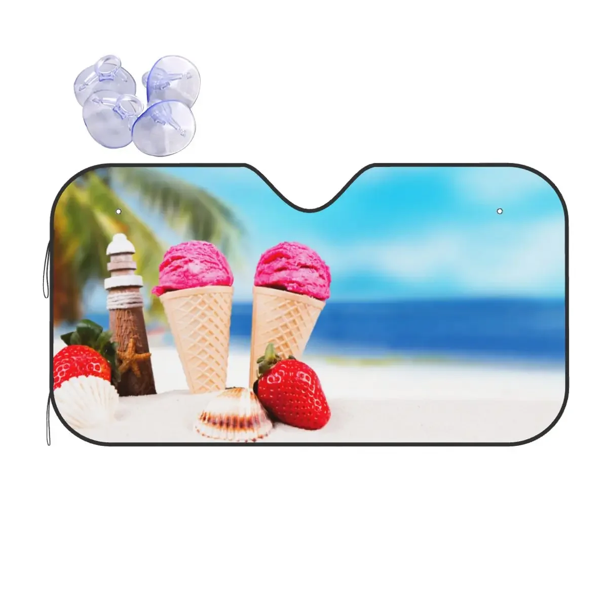 Strawberry Ice Creams Windshield Sunshade Sea Beach Scenery Funny Car Front Windshield 76x140cm Sun Visor Accessories Covers