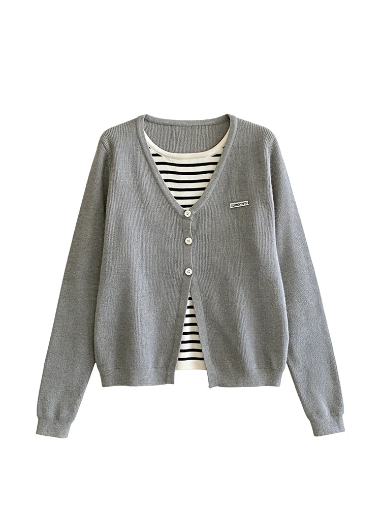 CaraCLUB plus Size Knitted Long Sve Women's Top Autumn Winter New Sle Striped Patchwork V-ne Mid-length Single-button