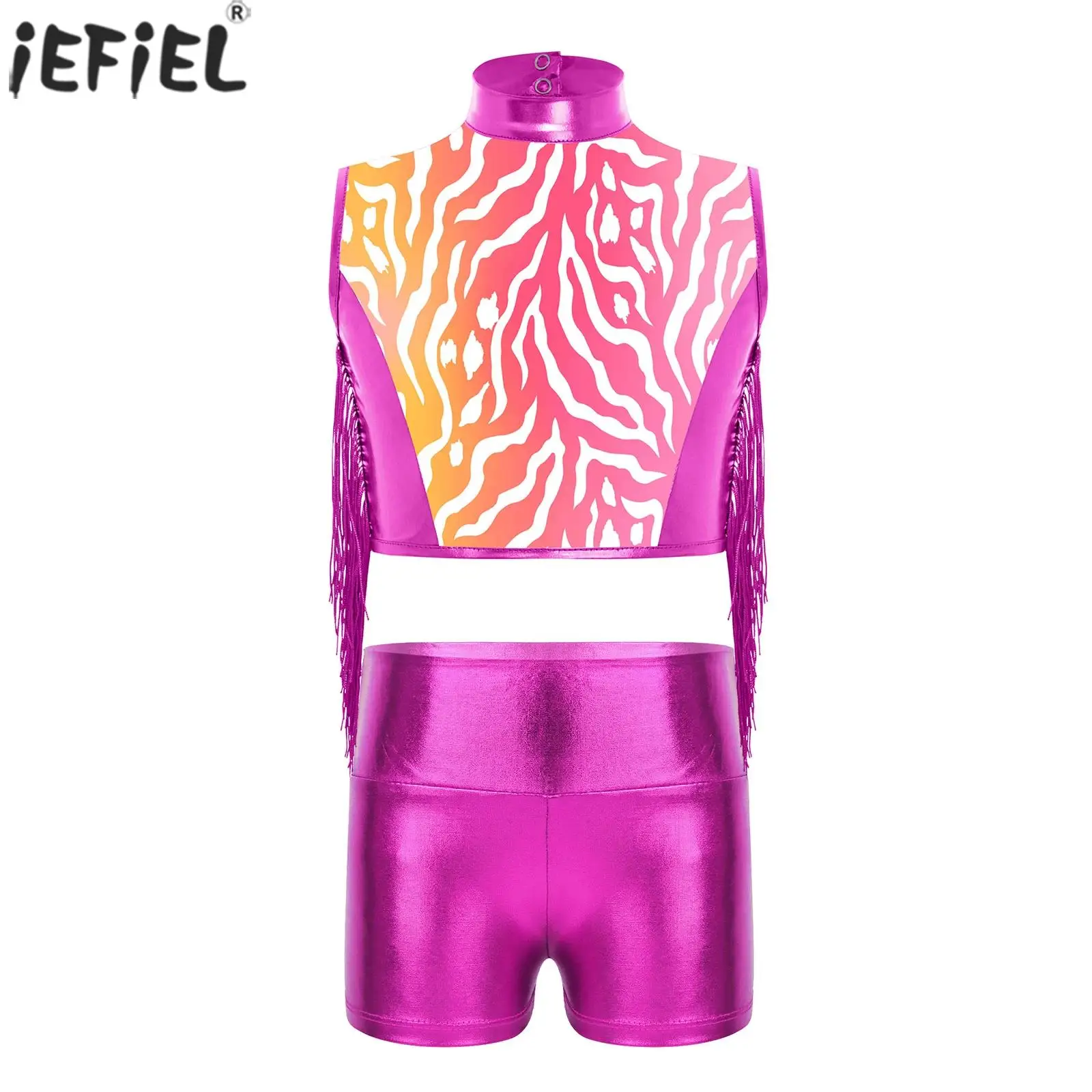 Kids Girls Jazz Dance Ballet Gymnastic Costume Metallic Sleeveless Tassel Crop Top with Shiny Shorts Stage Performance Dancewear