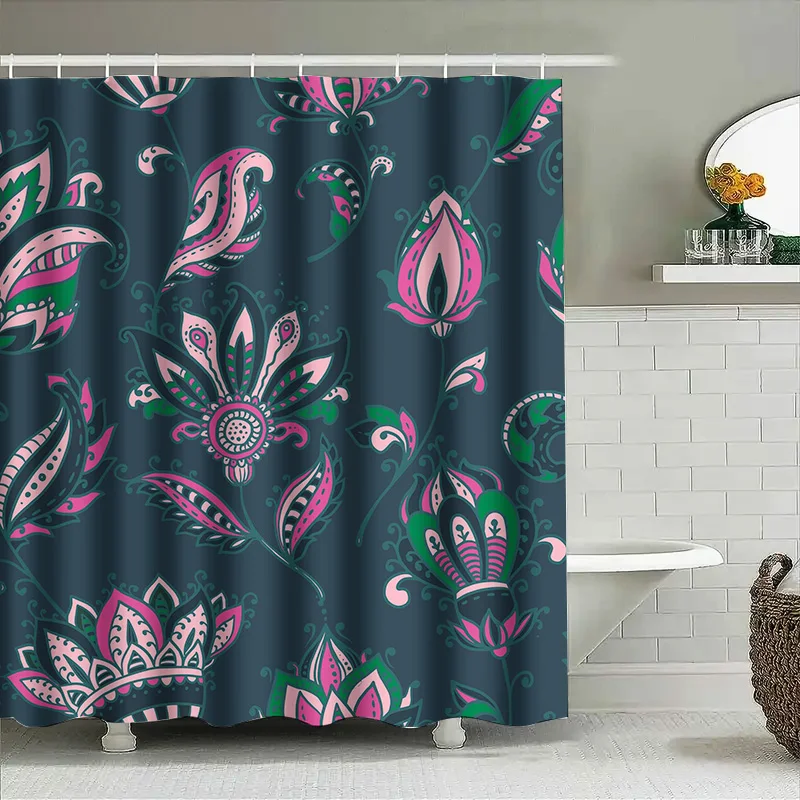 ستارة دش مطبوعة بالزهور نابضة بالحياة، ديكور حمام مقاوم للماء لتزيين غرفة المعيشة المنزلية، أخضر وردي أسود أرجواني (Bl) #1