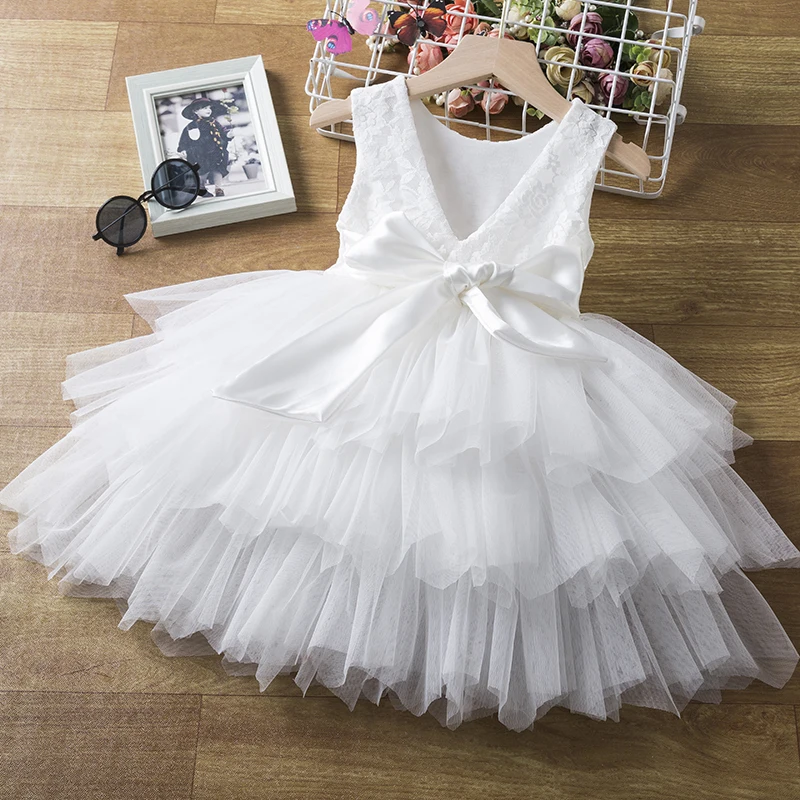 24M Baby Girl Birthday Party Dress 2-6T Toddler Girl White Lace Flower V-Back Layered Clothes abiti da ragazza per la cerimonia di nozze