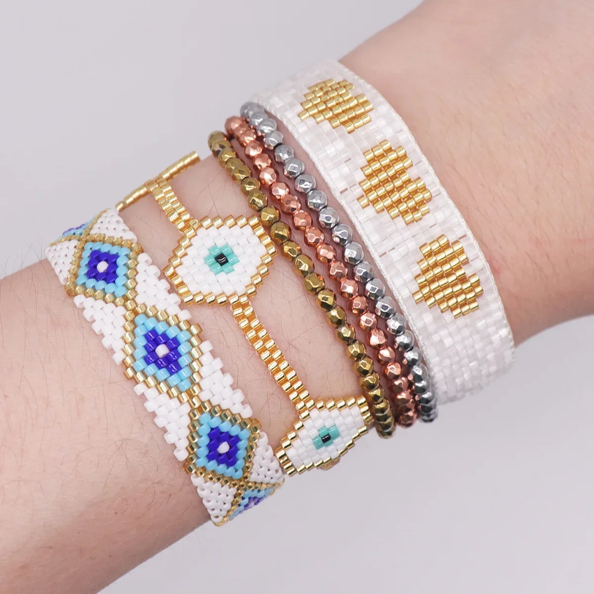 Beaded bracelet Rhomboid Eye Design Originality Heart Hand knitting Bohemia Adjustable Tide Geometry Simple Rice bead bracelet