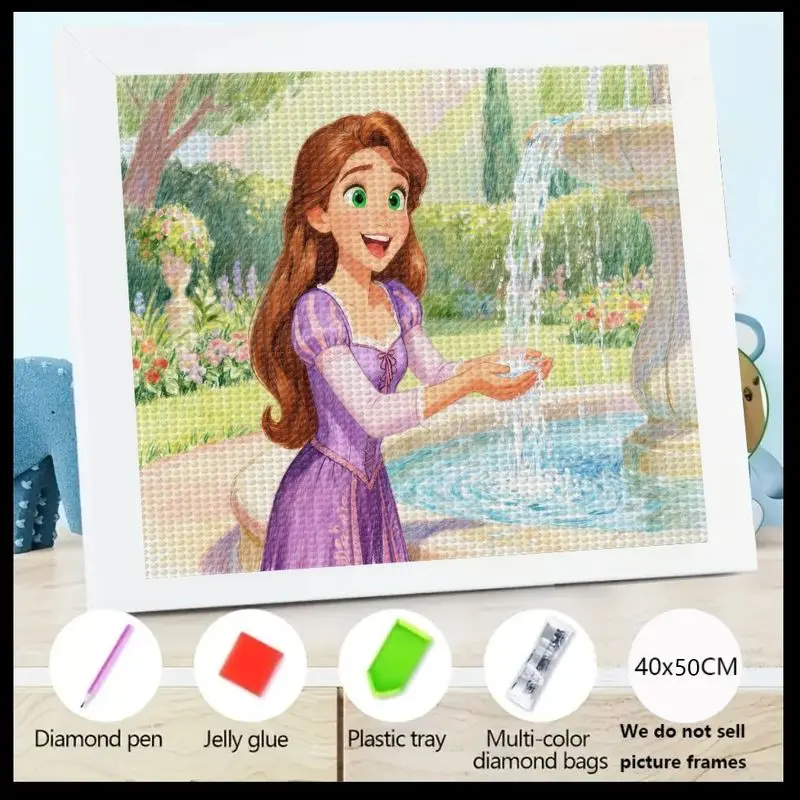 

1PC 5D DIY Diamond Painting Kit, Full Drill Cartoon Princess Girl in Garden with Fountain Theme, Long Brown Hair Purple Dress Sm