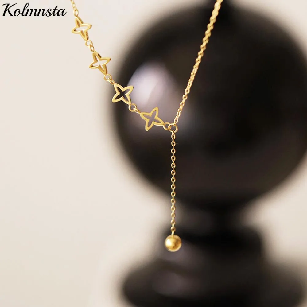 Kolmnsta New Long Tassel Hollow Star Pendant Necklace For Women Gold Color Stainless Steel Chain Choker Necklaces Party Jewelry