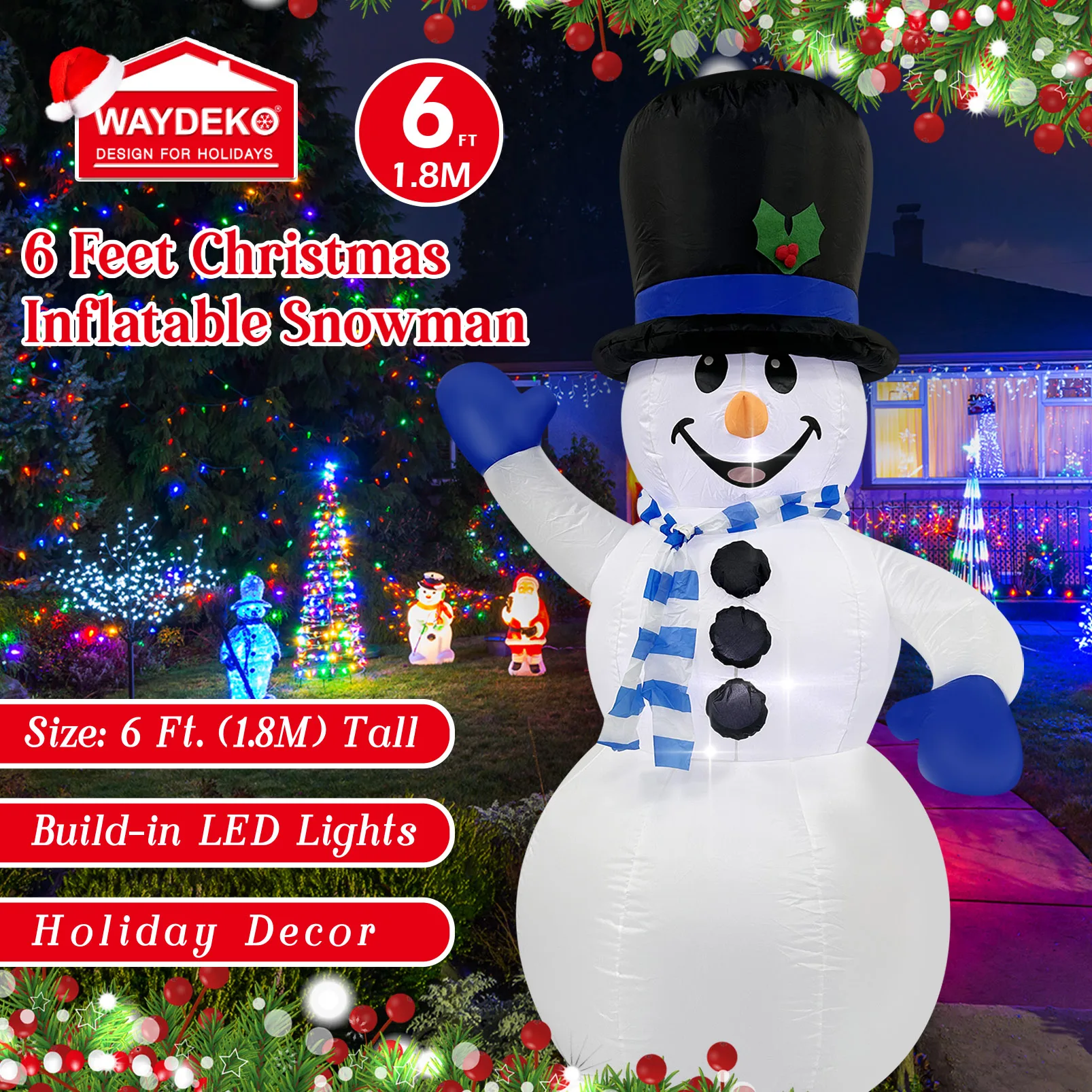 Christmas Inflatable Snowman LED Lighted Blow Up Outdoor Yard Lawn Decoration for Home Garden Winter Holiday Party 6Ft/1.8M Blue