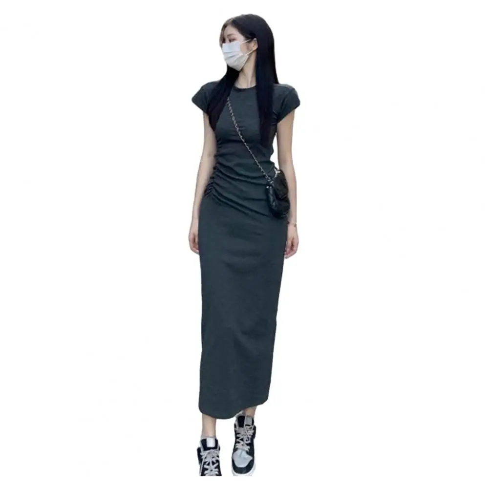 

Women Dress O Neck Short Sleeve Slim Elastic Sheath Pure Color Ankle Length Dress