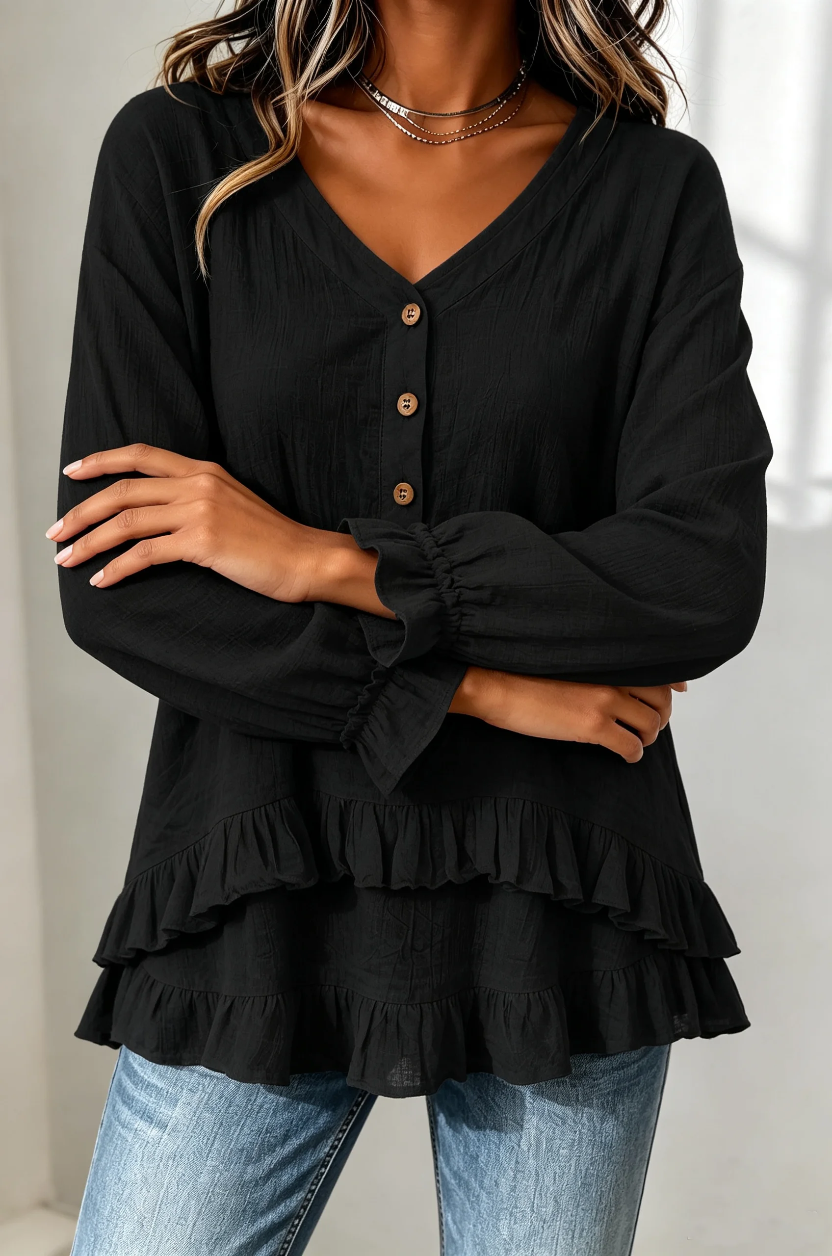 Women's New V-Neck Half-Button Long-Sleeve Shirt with Layered Ruffle Hem and Petal Cuffs, Loose and Stylish Top