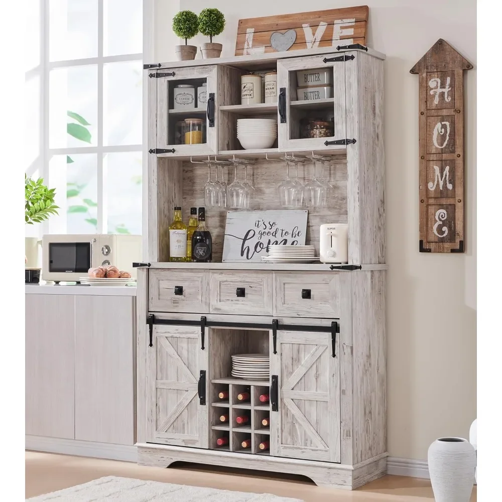 

72" Bar Cabinet with Sliding Barn Door, Glasses Rack, 3 Drawers, 12 Storage Shelves, Rustic Coffee Bar Sideboard Table