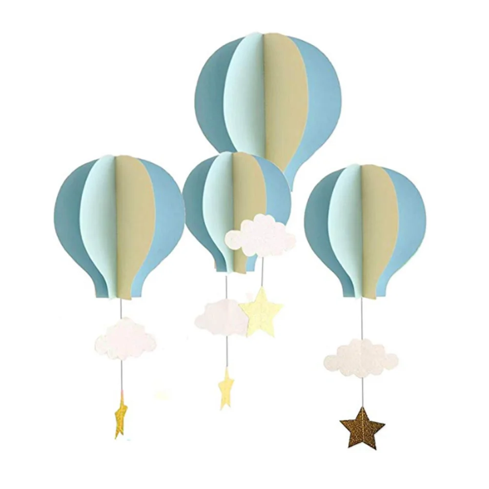 4pcs 3D Paper Pendant Hot Air Balloons Clouds Stars Hanging Ornaments for Home Decor (Light Blue Sky Blue and Beige)