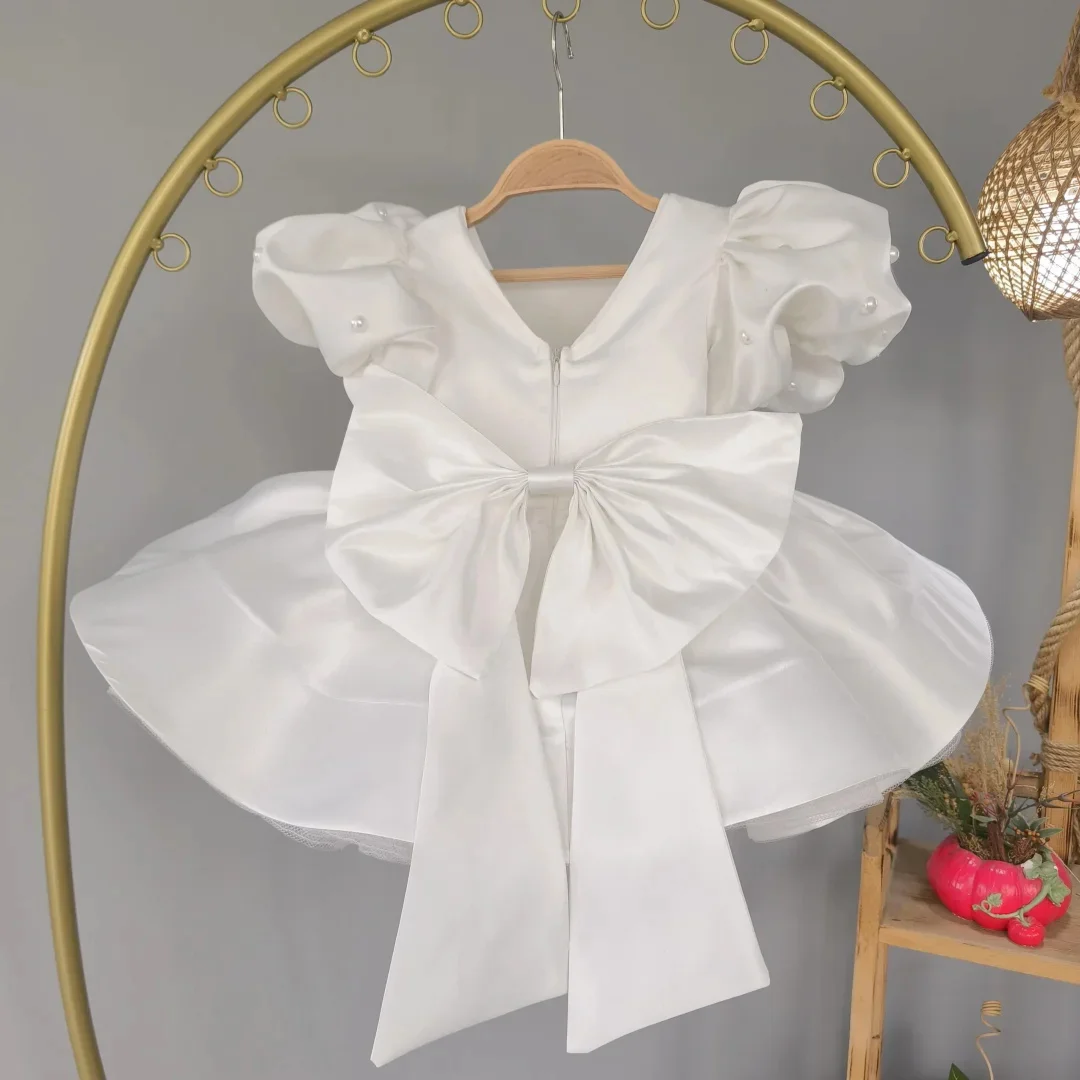 Cswdocy Customized Wedding Birthday Party Flower Girl Dress Satin Tulle Pearls With Bow Short Sleeve For Holy Communion Gown