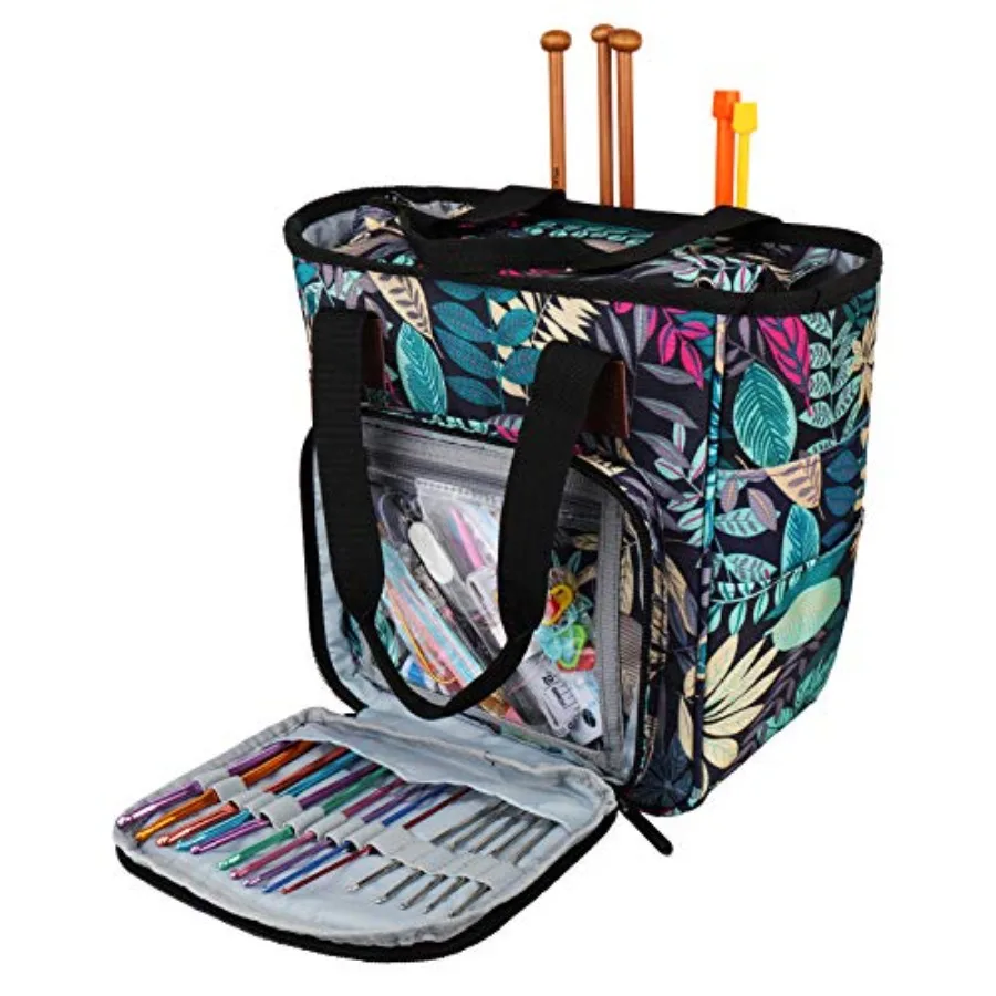 

Crochet and Knitting Tote Traveling Craft Tote Organizer for Hooks Needles Skein Diamond Painting Supplies Forest Green
