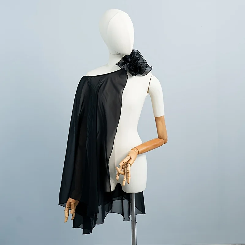 single-sided flower slanted shoulder chiffon blouse, light and see-through elegant long shawl, multiple ways to wear