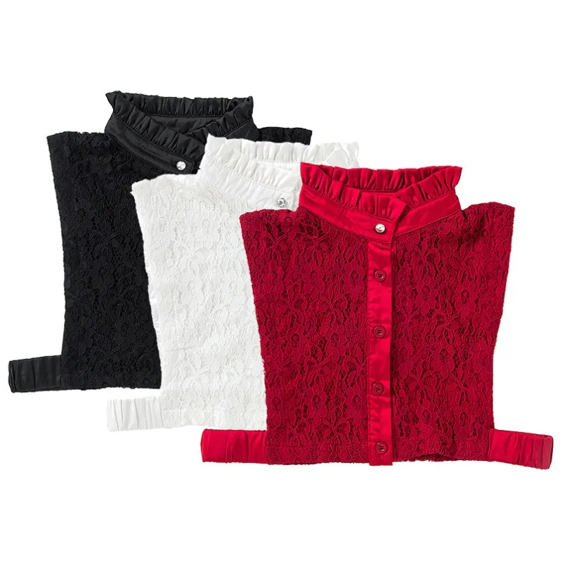 1 Pc Lace Open-necked Blouse with Floral Lace Trim Women's Ruffled Stand-up Collar Sweater Collar Wine Red Color
