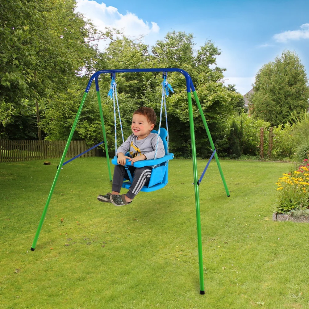 Folding Toddler Blue Secure Swing Set With Safety Seat For Baby Chirldren's Gift Outdoor Park Backyard Playground Play