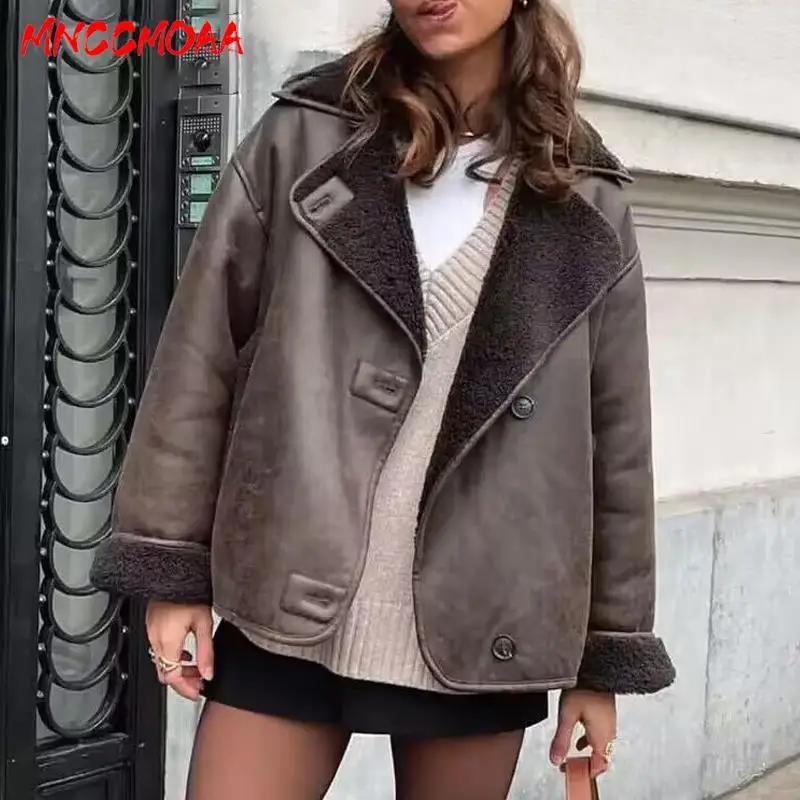 MNCCMOAA-Chaqueta de lana de cordero para mujer, abrigo de piel sintética gruesa Vintage, prendas de vestir cálidas con bolsillo informal, alta