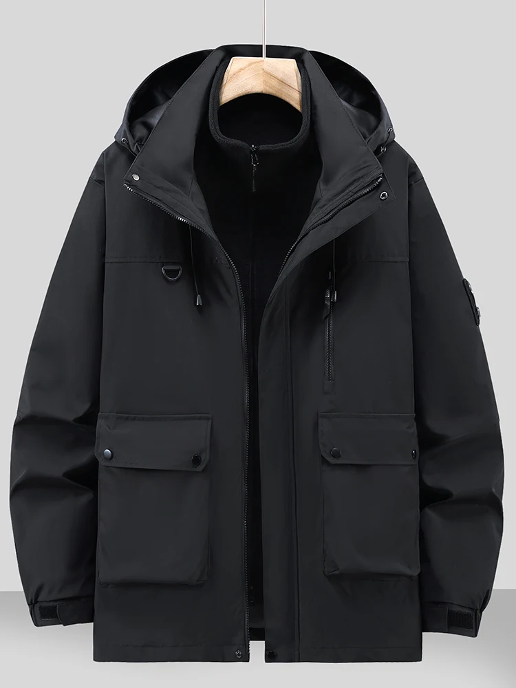 Extra Large Three-in-One Men's Jacket Autumn Winter Outdoor Windproof Detachable Thickened Outerwear Polyester Fiber Coat