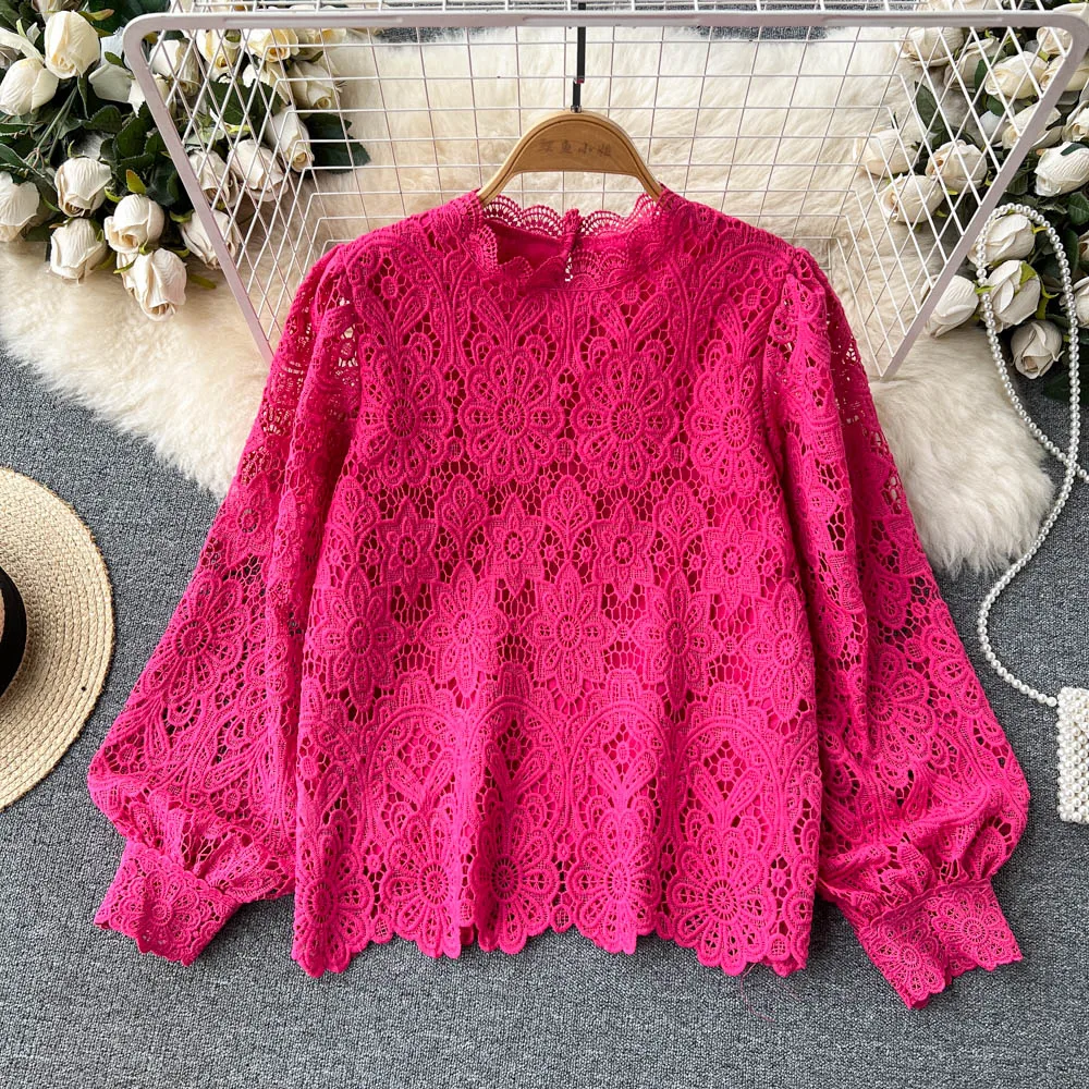 2023 New Spring Autumn Women Long Sleeve Loose Blouse High Quality Vintage Hook flower hollow Chemical Lace Runway Shirt