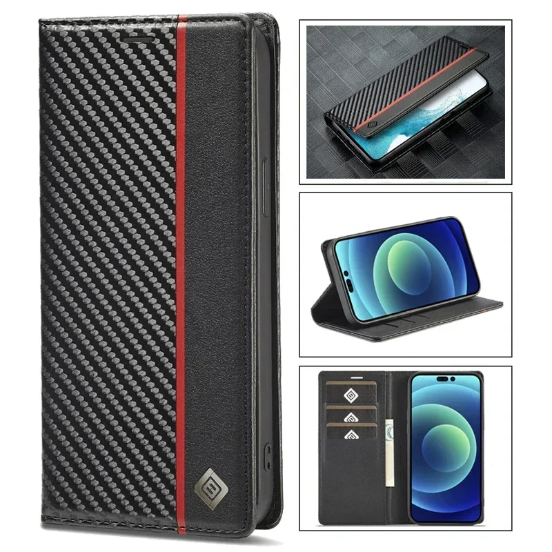 LC-imeeke Carbon Fiber Magnetic Wallet Case For Samsung Galaxy S25+ S24 Plus S23 FE S22 Ultra S24FE 5G Leather Flip Book Cover