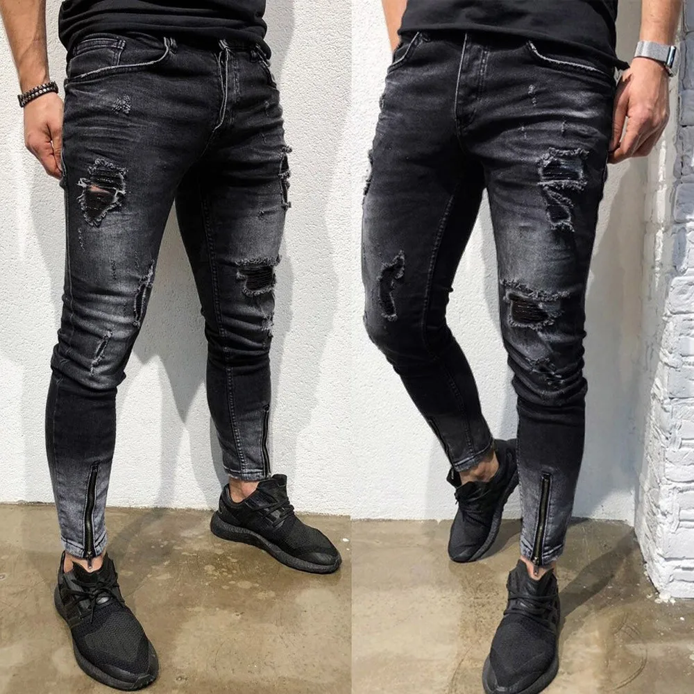 Hole Ripped Skinny Jeans For Men Vintage Solid Denim Pants Mens Casual Slim Fit Trousers Male Pencil Pants Fashion Streetwear