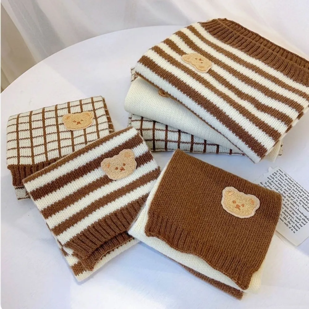 

Детский шарф с милым медведем, ветрозащитный зимний теплый полосатый вязаный шарф, дышащий мягкий чехол на шею