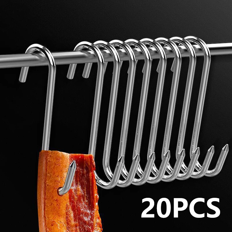 20PCS Stainless Steel S-shaped Hook Tool Butcher's Meat For Smoking Butchering Hunting Chicken BBQ Pork Sausage Bacon Grill Hook