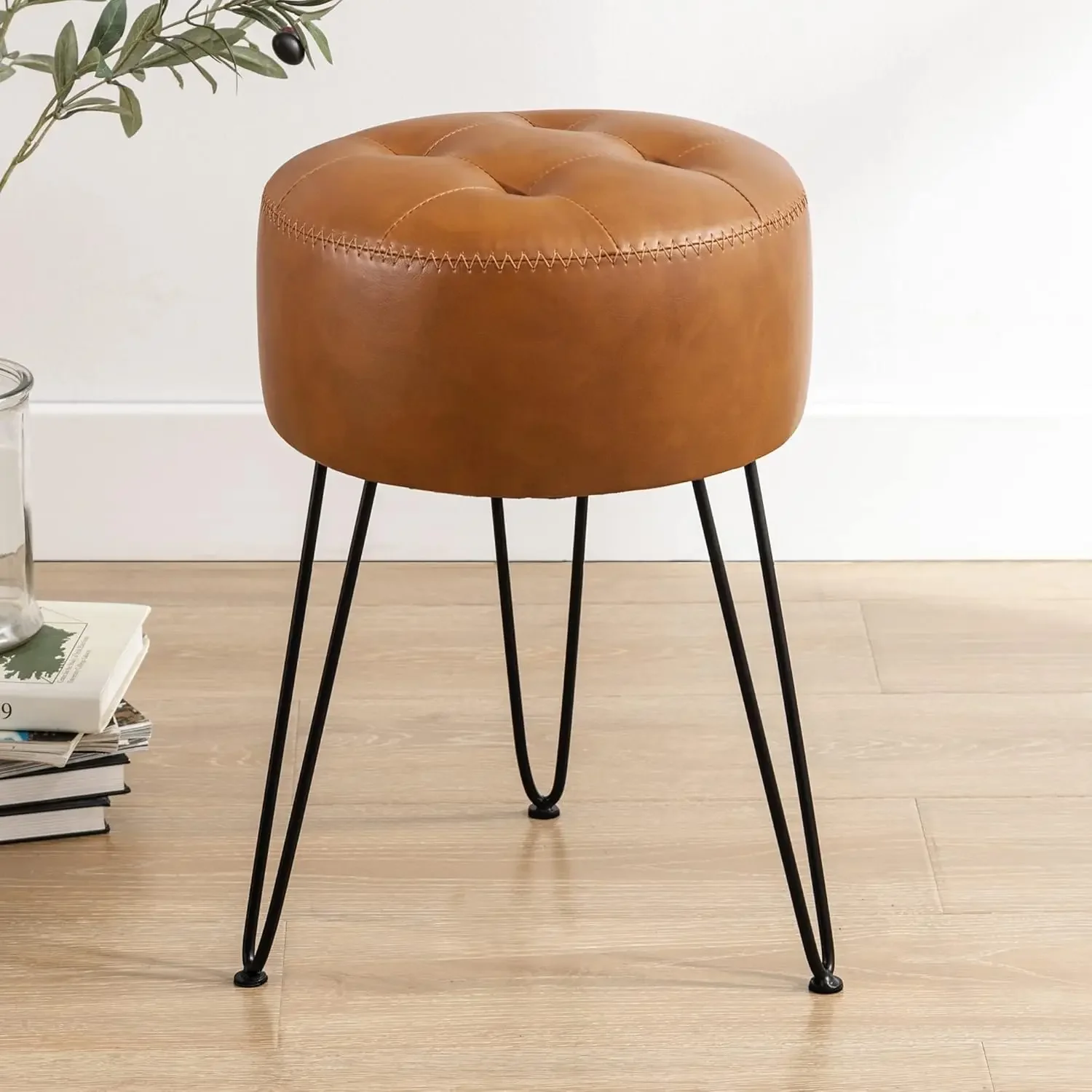 

Faux Leather Vanity Stool Chair for Makeup Room, Brown Stool for Vanity, 19” Height, Tufted Small Vanity Chair Stool