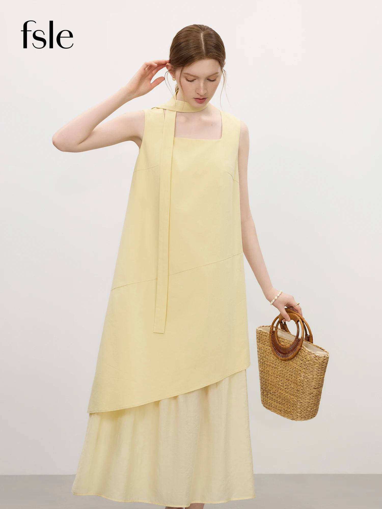 

FSLE Relaxed Lazy Sleeveless Ribbon Dress Women's Summer 2025 New Arrival Faux Two Piece A-Line Skirt 25FS12813