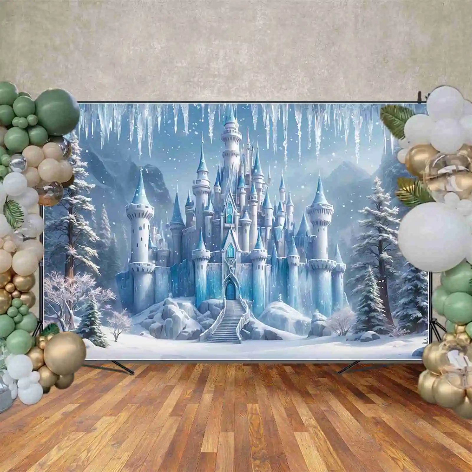 MOON.QG Frozen Birthday Photozone Background Girls Princess Castle Decoration Photocall Backdrop Photography Photo shoot Props