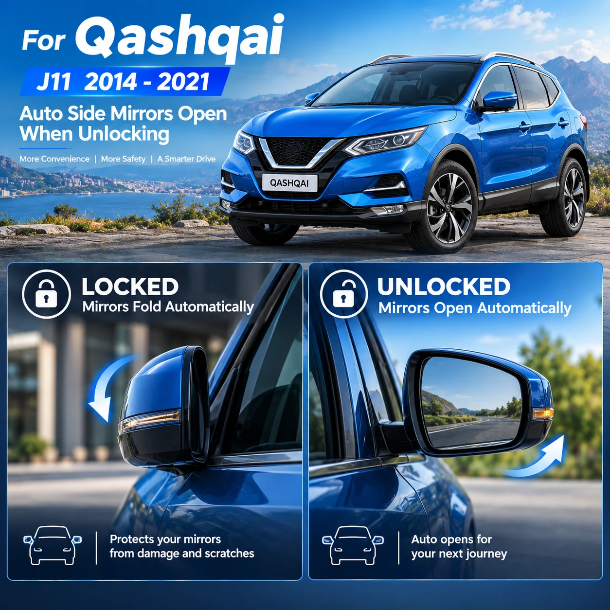 Suitable for Qashqai J11: Automatic side mirror folding upon locking and unfolding upon unlocking (aftermarket modification).