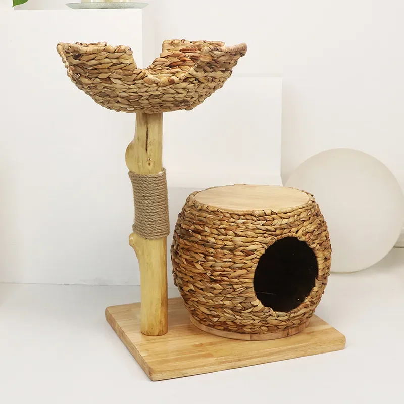 Solid Wood Woven Cat Litter Box Furniture Luxury Pet House with Scratching Board Rattan Climbing Frame Villa for Cats Stable