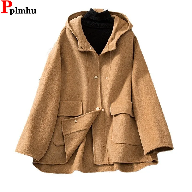 

Mid-length Hooded Wool Blend Jackets Coats Winter Warm Woolen Abrigos Korea Casual Chamarras Tops Classic Women Loose Ceketler