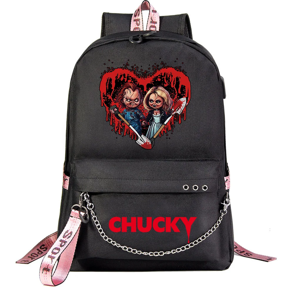 Tas punggung Laptop bepergian untuk pria dan wanita, tas ransel sekolah pelajar Chucky, tas punggung Laptop kasual dengan USB pengisi daya untuk remaja