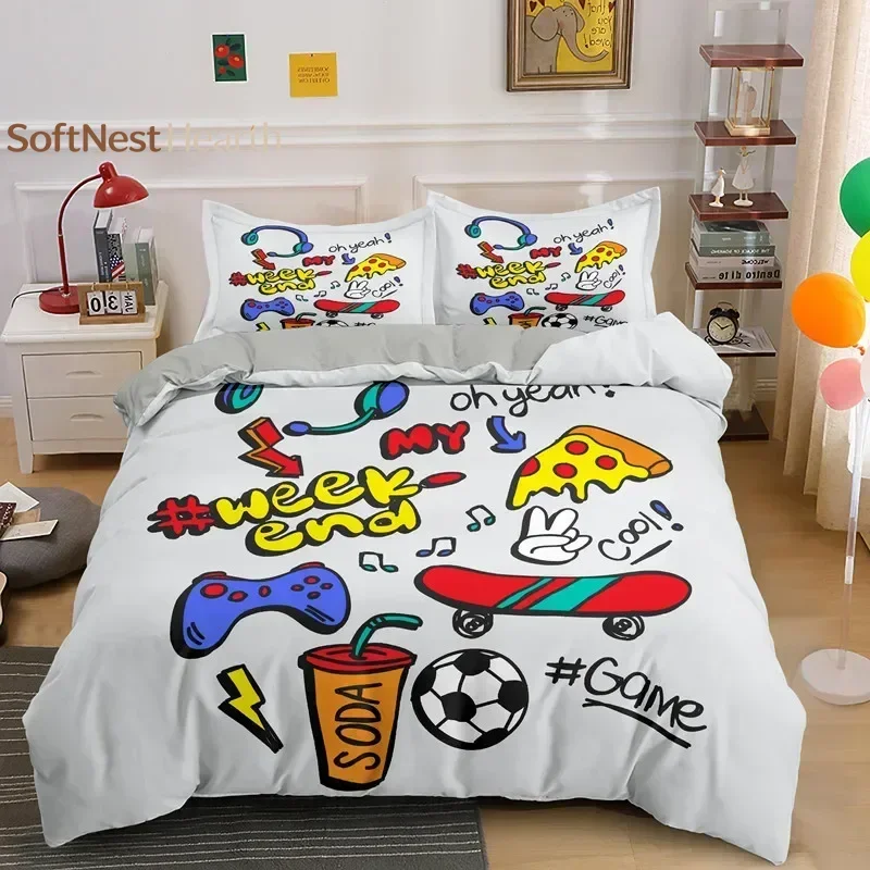 2026 Game Pizza King Queen Duvet Cover Cartoon Gamepad Skateboard Bedding Set Youth Cool Headphone Wifi 2/3pcs Polyester Quilt C