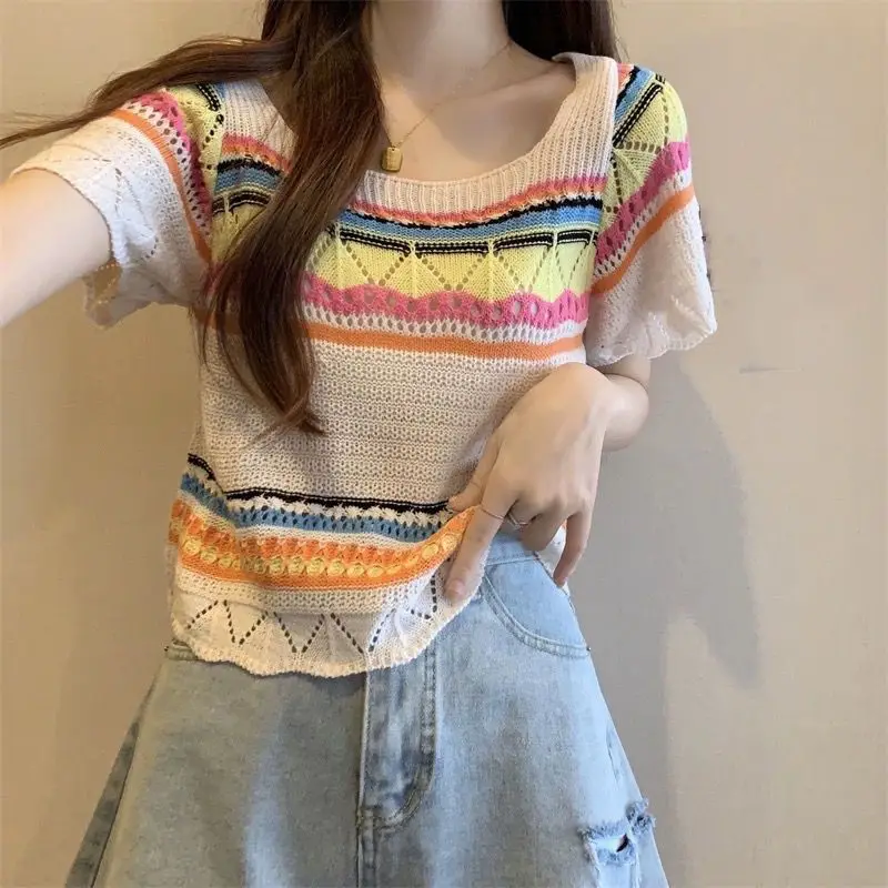 ผู้หญิงฤดูร้อน Chic Stripe สั้นเสื้อ T ชุดเดรสแขนกุด 1 หรือ 2 ชิ้นชุด 2025 Lady แฟชั่นบางถักเสื้อชุดชุด