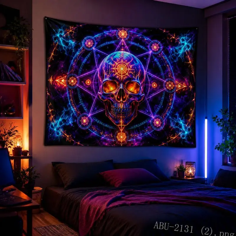 VIKAMA Mysterious Rune Geometric Tapestry, Fluorescent Fantasy Universe Wall Hanging, Aesthetic Dorm Esports Room Decoration
