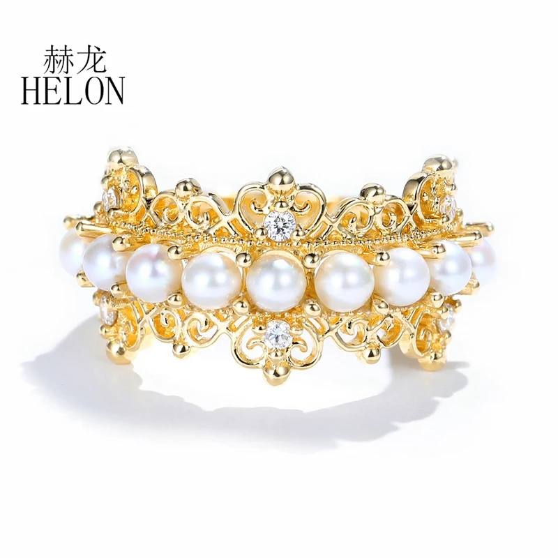 HELON Solid 14K AU585 Yellow Gold Round Genuine White FreshWater Pearl Engagement Ring Women Real Diamond Vintage Fine Jewelry