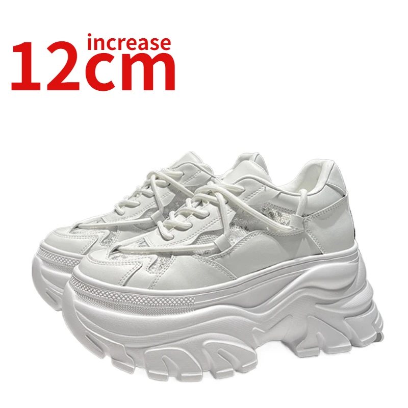 

European Thick Platform Design Increase 12cm Casual Elevated Shoes for Women Genuine Leather Breathable White Sports Dad's Shoes