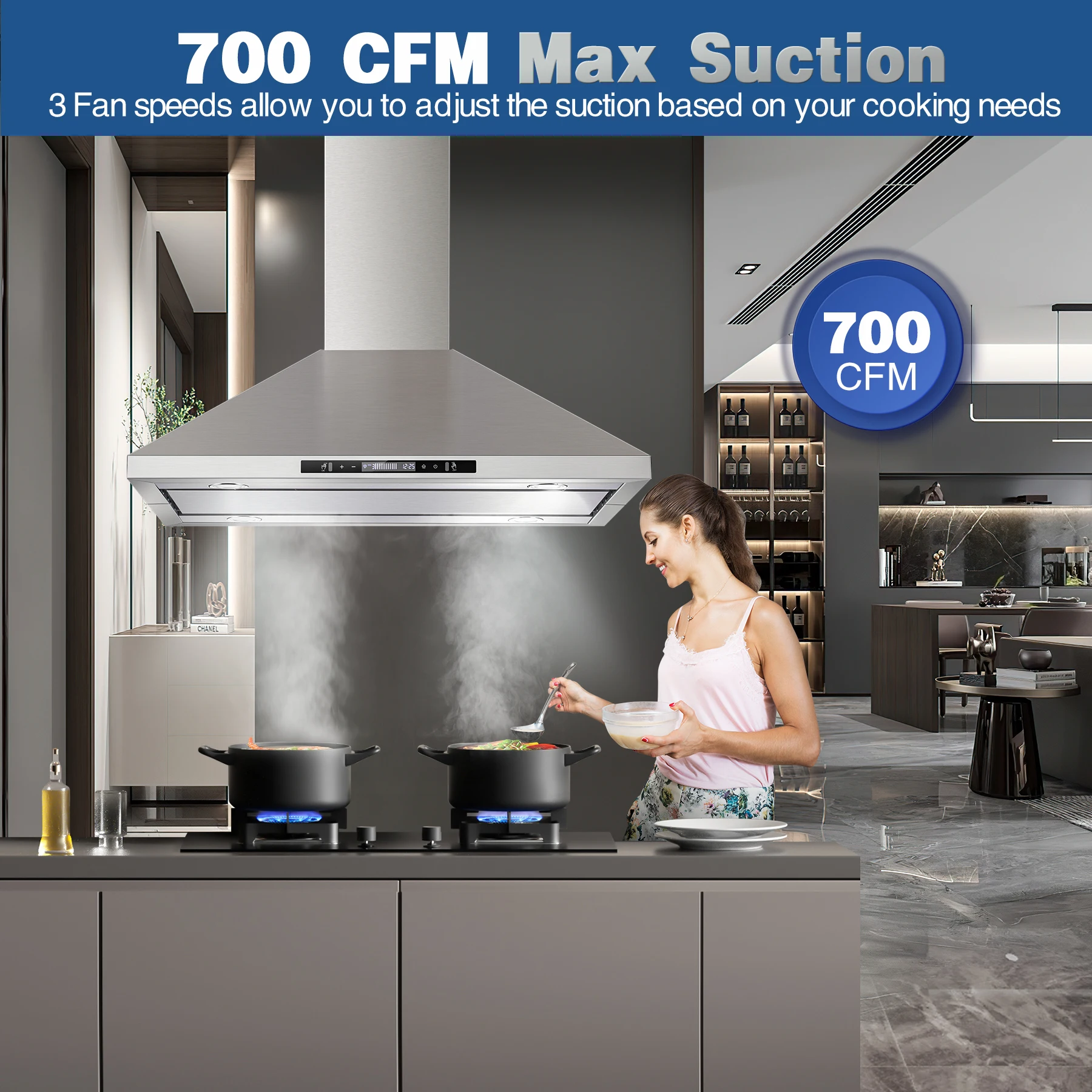 36" 700CFM Stainless Steel w/Gesture Control & LED Lights Island Range Hood